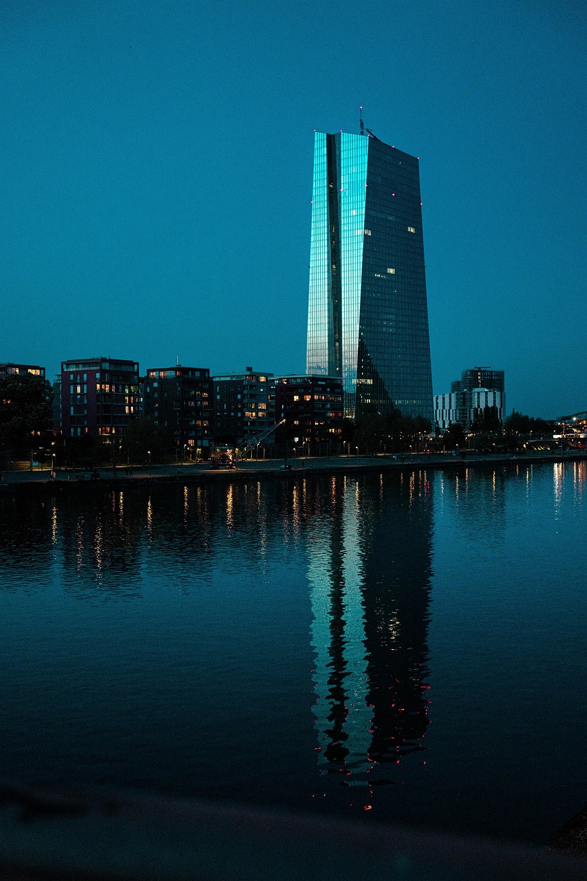 european central bank, frankfurt, river, frankfurt am main germany, architecture, night, skyscraper, city, evening